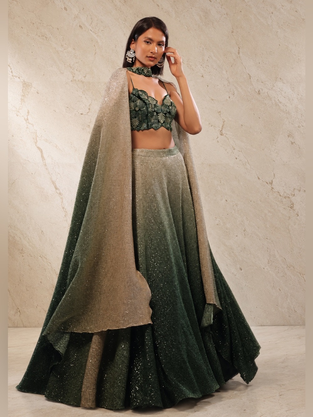 kalki - Deep Green Ombre And Gold Lehenga